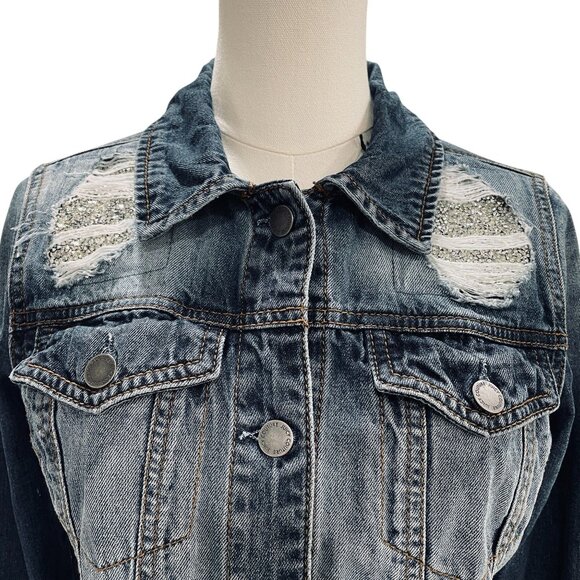 Juicy Couture XS Rhinestone Distressed Denim Jacket Y2K Bling Glam Grunge - Picture 8 of 13